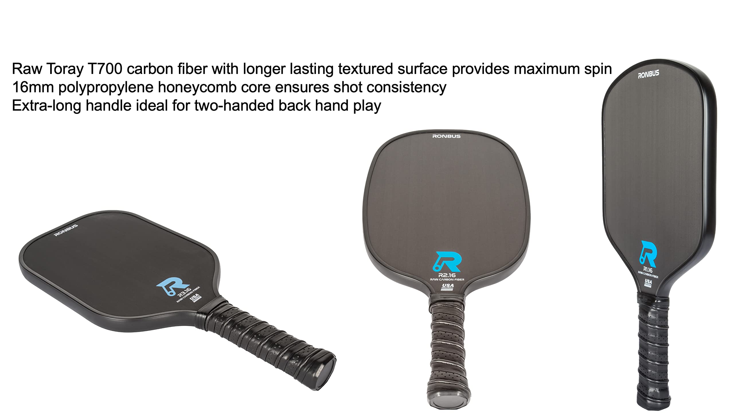 Ronbus R1.16/R2.16/R3.16 Raw Toray T700 Carbon Fiber Pickleball Paddle with 16 mm Polypropylene Honeycomb Core (R3.16)