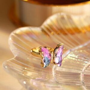 MISS RIGHT Butterfly Crystal Ring for Women: 18K Gold Plated Vintage Boho Cute Finger Knuckle Adjustable Chunky Rings Aesthetic (Lt.Purple)