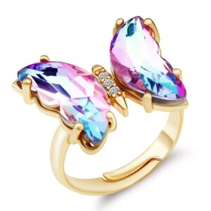 miss right butterfly crystal ring for women: 18k gold plated vintage boho cute finger knuckle adjustable chunky rings aesthetic (lt.purple)