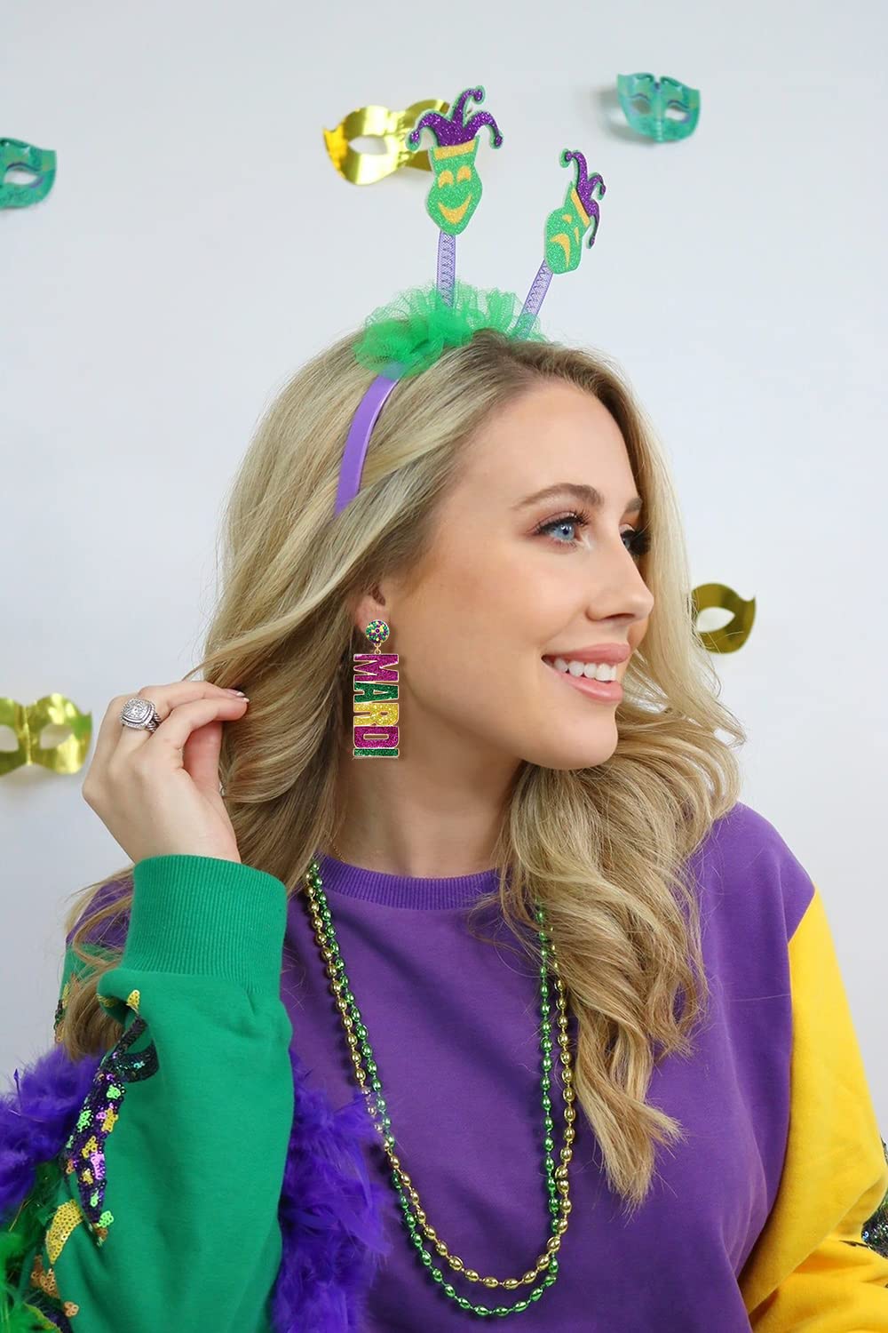 2 Pairs Mardi Gras Earrings for Women Beaded Mask Tassel Dangle Earrings Fat Tuesday Carnival Parade Jewelry Gifts