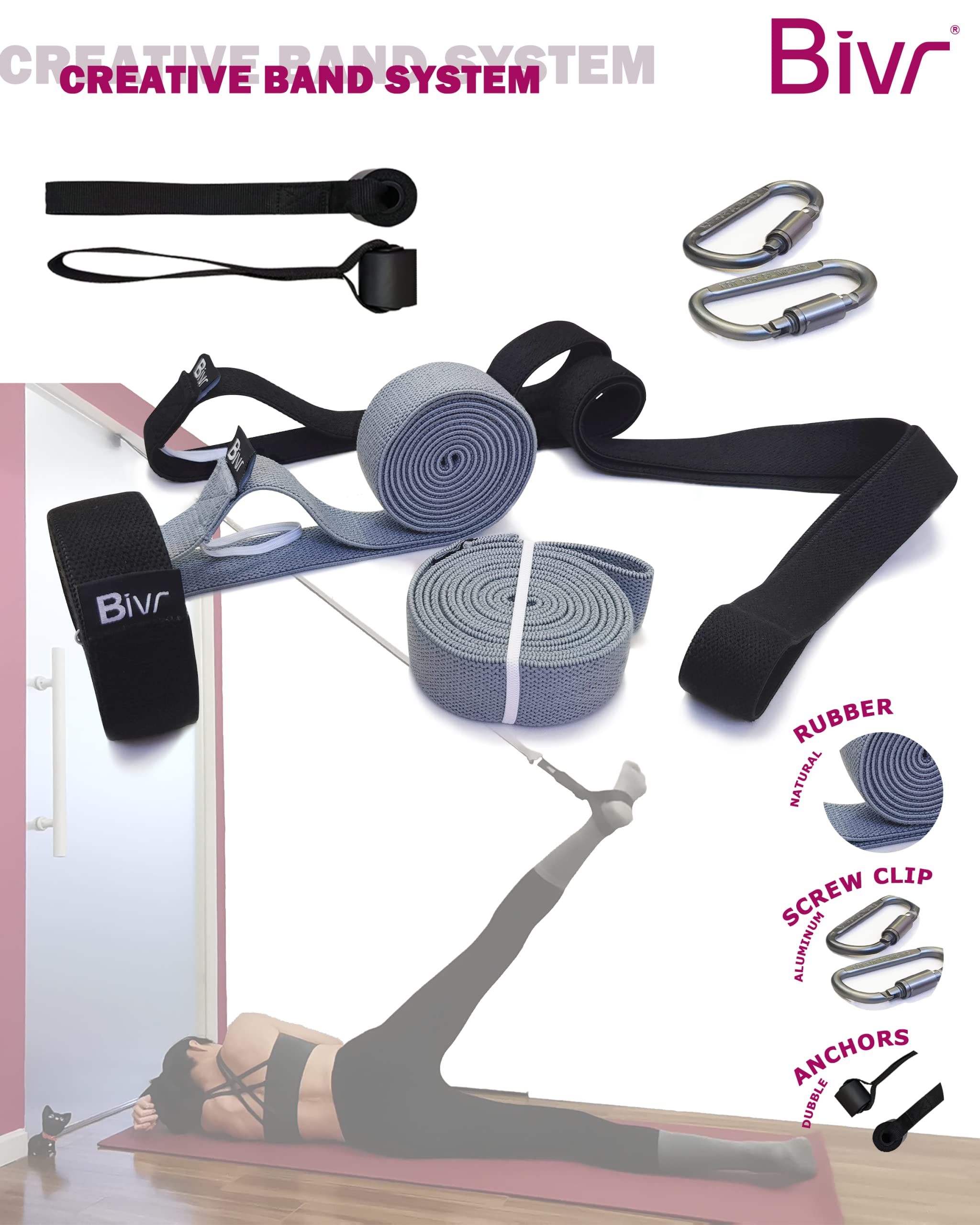 BIVR Portable Pilates Home Kit - Home Workout Equipment with Designed Pilates Loop Straps, Fabric Long Resistance Exercise Bands, Door Anchors and Aluminum Carabiners for Working Out as in Reformer