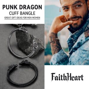 FaithHeart Dragon Head Cuff Bracelet for Male Adjustable Stainless Steel Punk Gothic Viking Bangles for Boyfriend