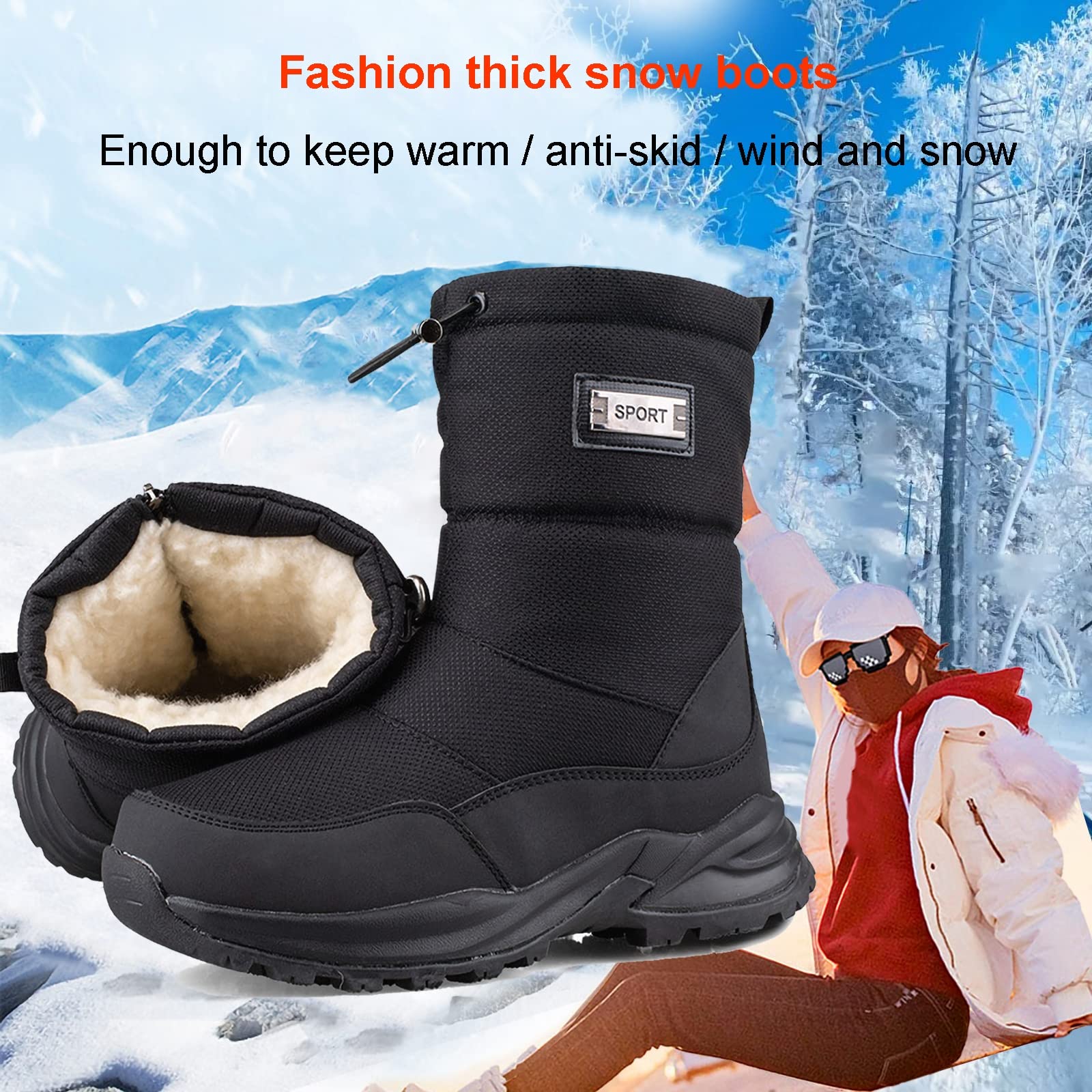 TDHLW Snow Boots Men Women Waterproof Hiking Boots Winter Boots Warm Lined Hiking Boots Non-Slip Trekking Hiking Boots Side Zip Warm Ankle Boots Men,Black,46