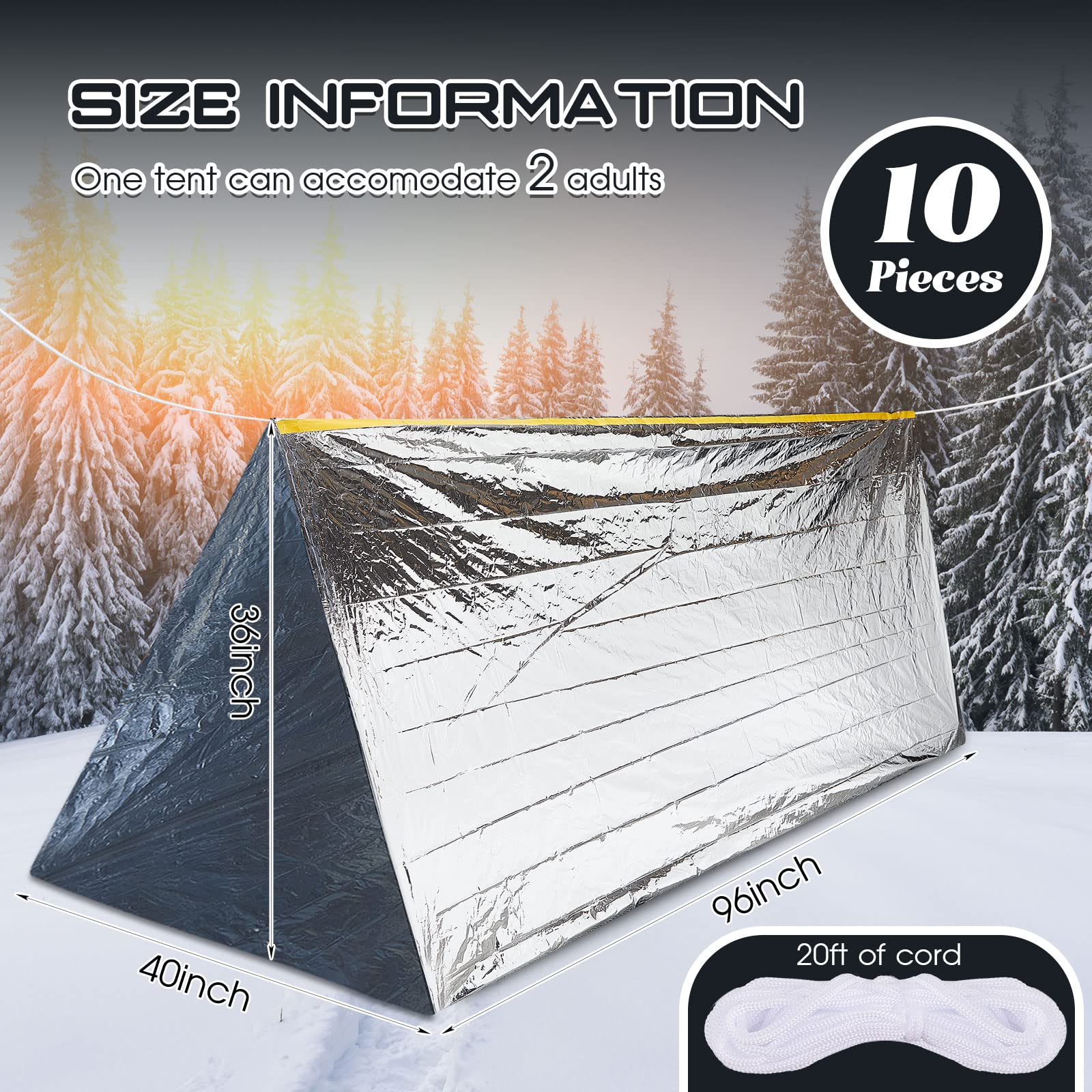 10 Pcs Emergency Thermal Tent Survival Shelter Ten 8 Ft x 3 Ft Emergency Tent 2 Person Tube Tent Lightweight Camping Tents and Shelters for Hiking Backpacking Camping Outdoor Survival