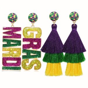 2 Pairs Mardi Gras Earrings for Women Beaded Mask Tassel Dangle Earrings Fat Tuesday Carnival Parade Jewelry Gifts