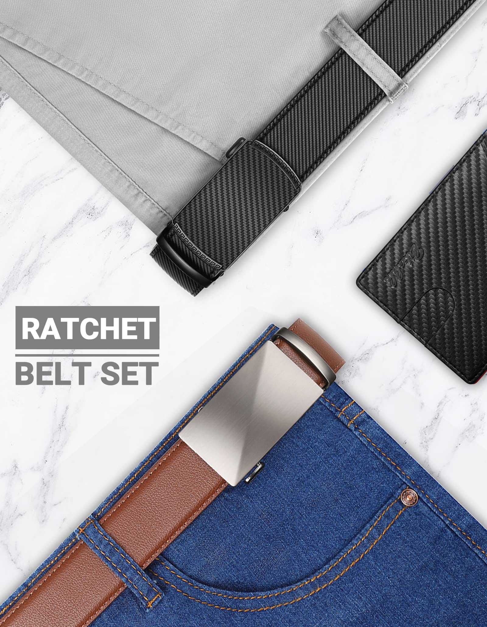 Zitahli Ratchet Belt for Men - Mens belt Leather 2 Packs with 1 3/8" Brown Black Slide Belt in Gift Set Box - Micro Adjustable Men Belt Buckle Fit Everywhere Size 28"-36"