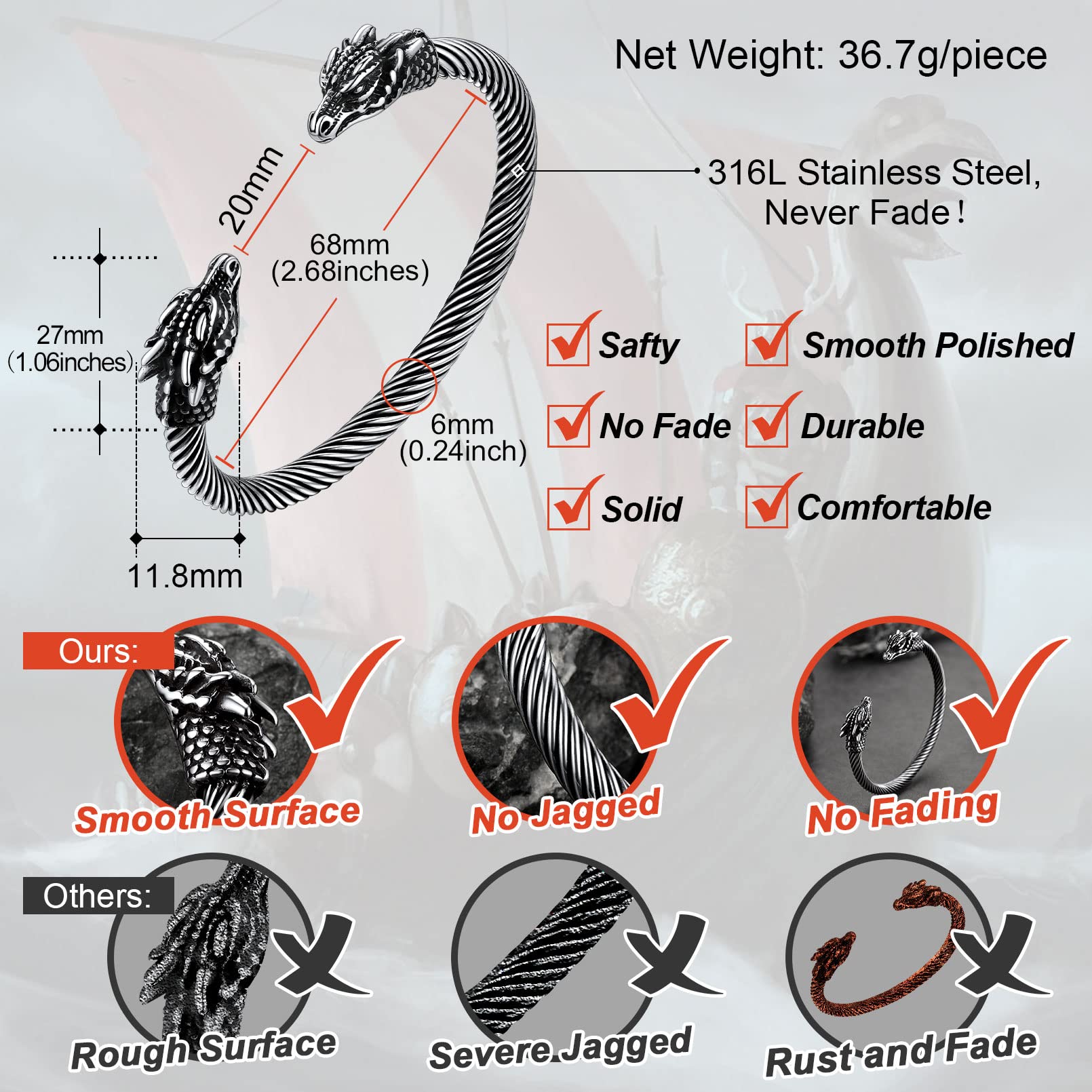 FaithHeart Dragon Head Cuff Bracelet for Male Adjustable Stainless Steel Punk Gothic Viking Bangles for Boyfriend