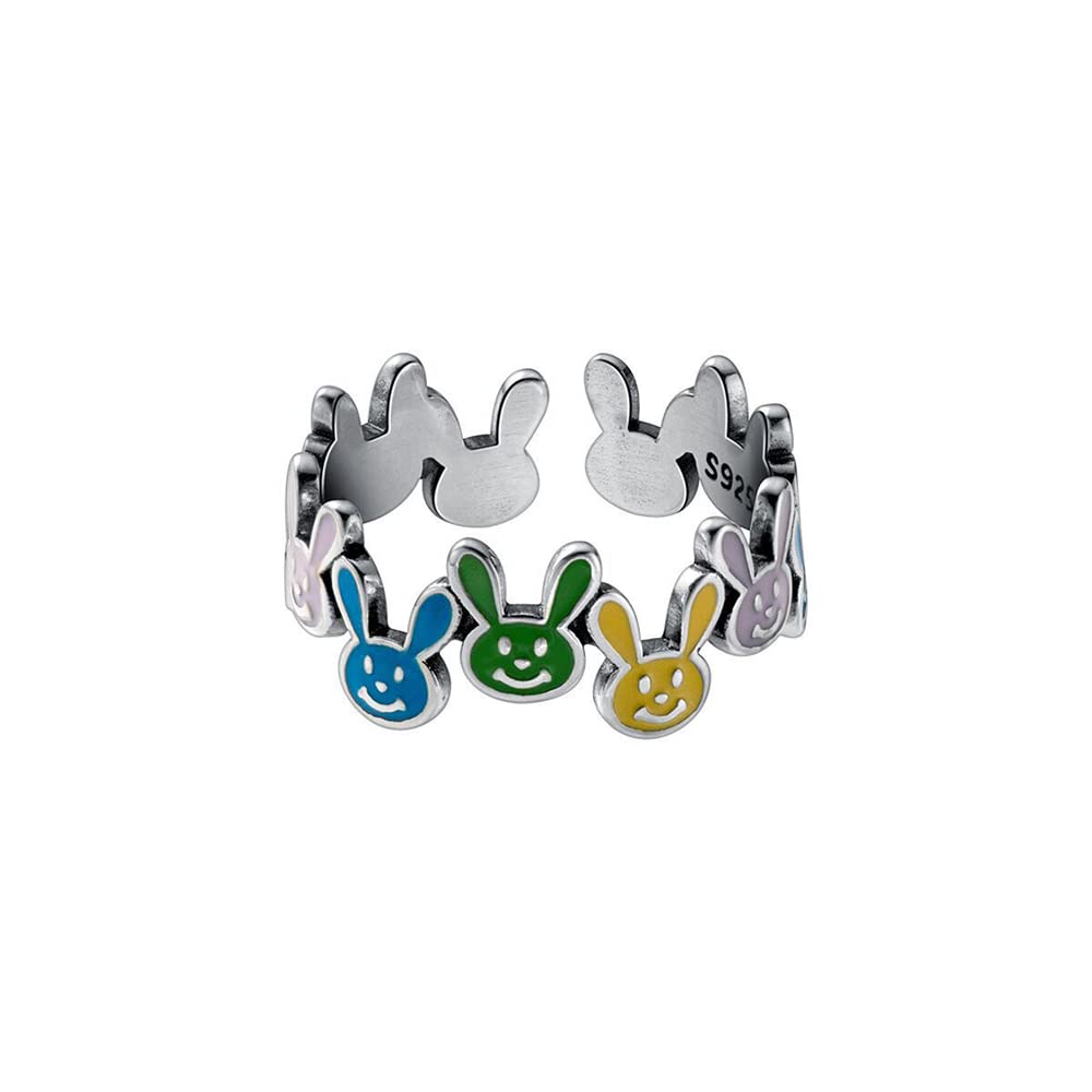 Izpack Cute Rabbit Open Adjustable Ring Colorful Enamel Bunny Stacking Statement Finger Band Love Endless Promise Rings Lovely Easter Jewelry Gifts for Women Teen Girls Birthday