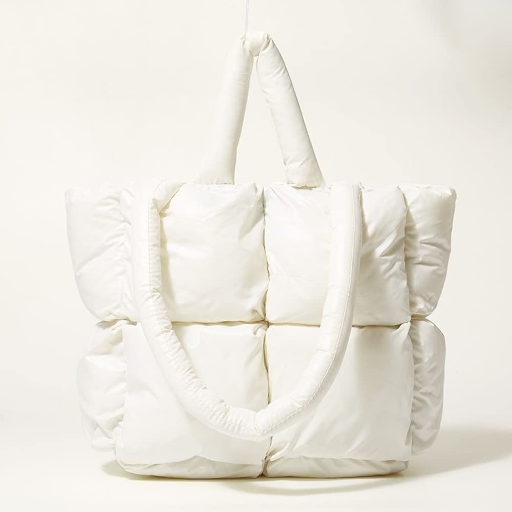 Puffer Tote Bag, Trendy Luxury Chic Quilted Large Padded Designer Handbags for Women Cotton Winter Soft Shoulder Bag for Women (White)