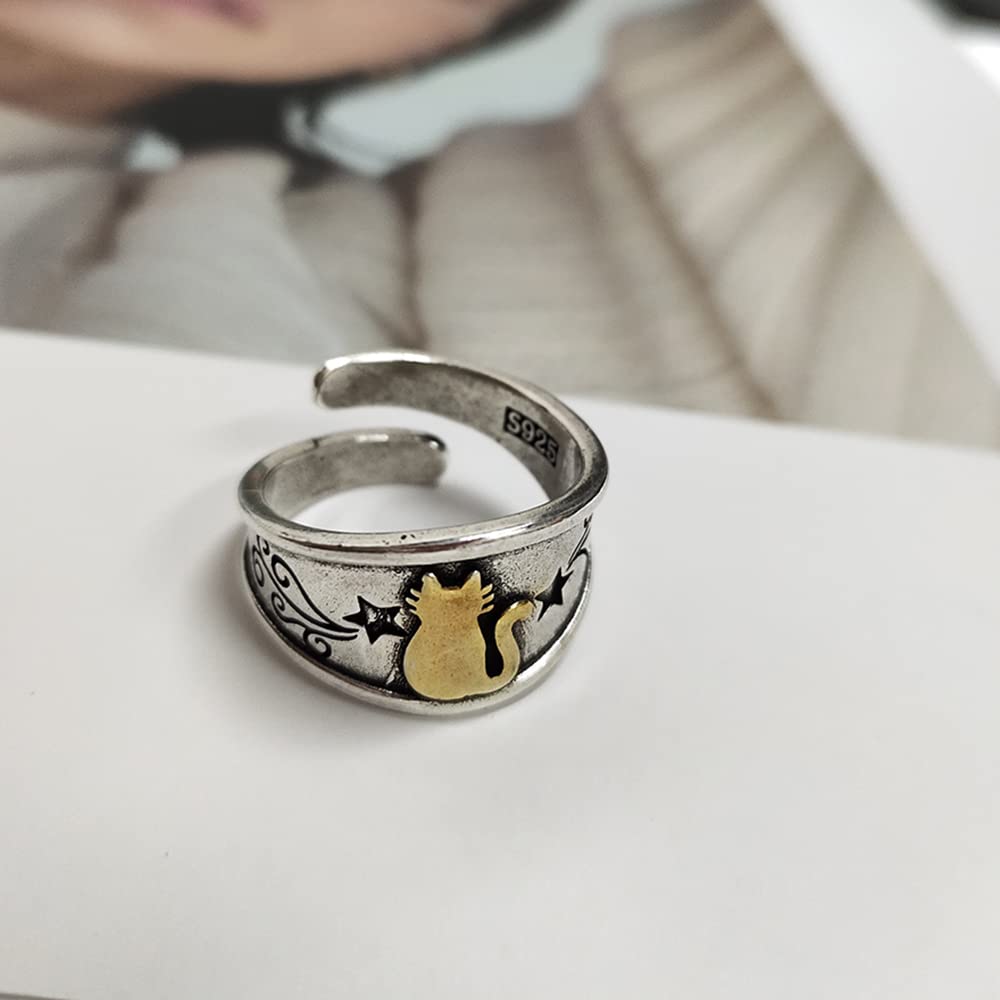 OIDIMS Retro Little Cat Open Band Ring for Men Women Vintage Star Statement Wrap Adjustable Rings Extendable Knuckle Middle Finger Comfort Fit Jewelry Gift Best Friends Birthday