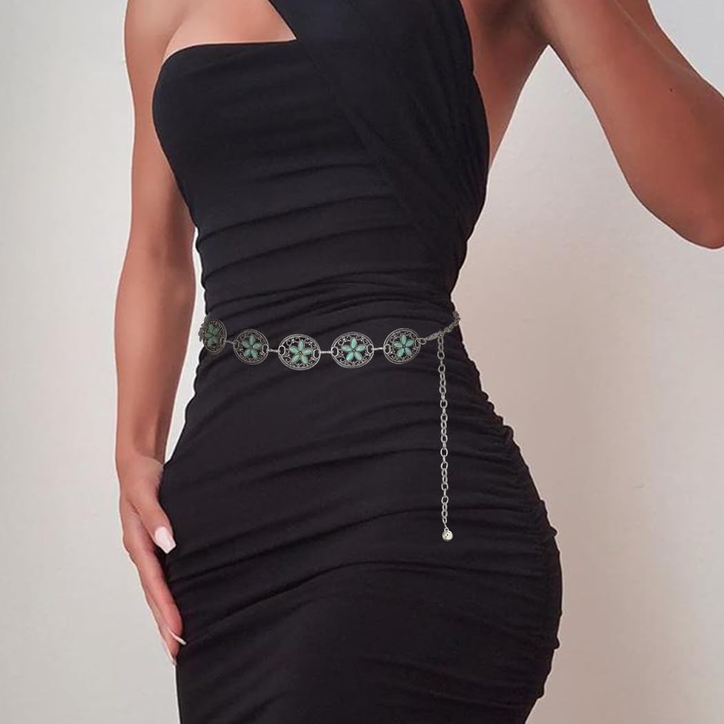 Urieo Boho Turquoise Waist Chain Belt Adjustable Silver Belly Chains Metal Party Dress Chain Belts Body Jewelry for Women