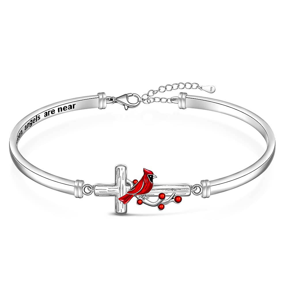 Red Cardinal Bracelet for Women Sterling Silver Cross Cardinal Appear When Angels are Near Memorial Sympathy Cardinal Bangle Jewelry Charms Mothers Day Gifts