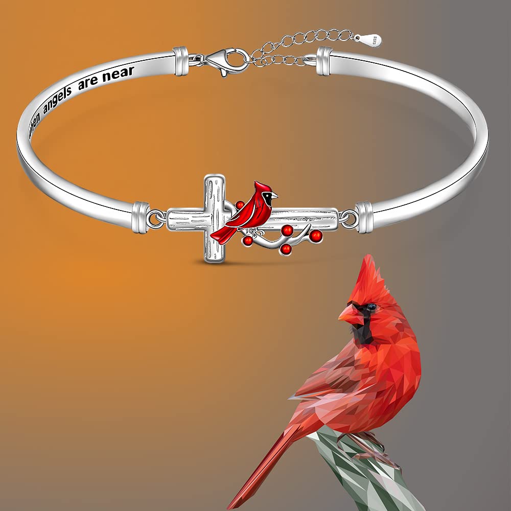 Red Cardinal Bracelet for Women Sterling Silver Cross Cardinal Appear When Angels are Near Memorial Sympathy Cardinal Bangle Jewelry Charms Mothers Day Gifts