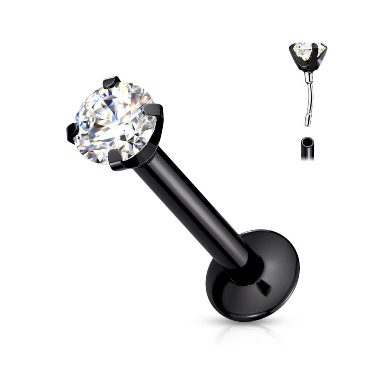 20G Push In Labret Monroe Surgical Steel Black Labret Studs with 2mm CZ Prong Set Press Fit Threadless Top and Flat Back 1/4-6mm