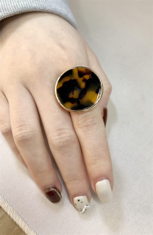 Dtja Round Tortoise Shell Statement Ring for Women Fashion Adjustable Acrylic Leopard Textured Big Band Finger Rings Comfort Fit Gold Plated Retro Birthday Holiday Y2K Party Jewelry