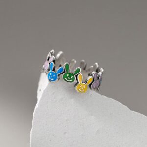 Izpack Cute Rabbit Open Adjustable Ring Colorful Enamel Bunny Stacking Statement Finger Band Love Endless Promise Rings Lovely Easter Jewelry Gifts for Women Teen Girls Birthday