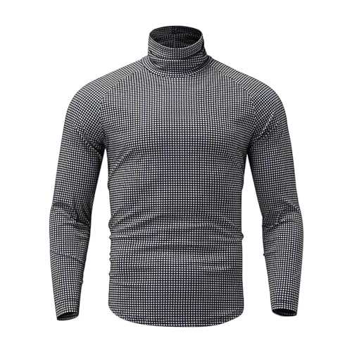 Turtleneck Men Long Sleeve Shirt Fashion T-Shirts Plaid Houndstooth Undershirts Mock Turtle Neck Slim Fit Shirts Grey Black XL