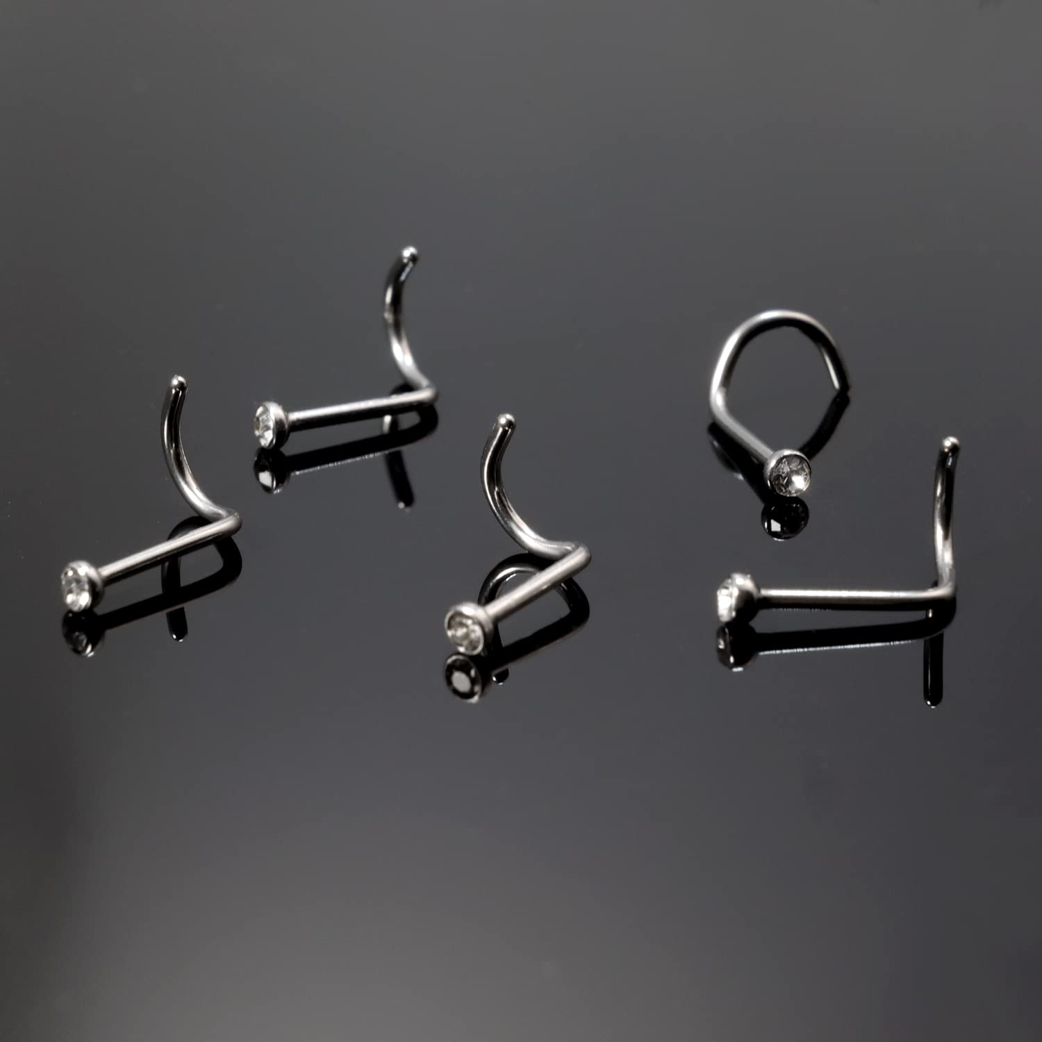 DAILI 20G Gold Nose Rings Studs: Surgical Steel L Shaped Nose Studs Hypoallergenic Corkscrew Nose Rings Tiny CZ Bone Zircon nose stud set for Women Men (12Pcs) (Silver 5PCS)