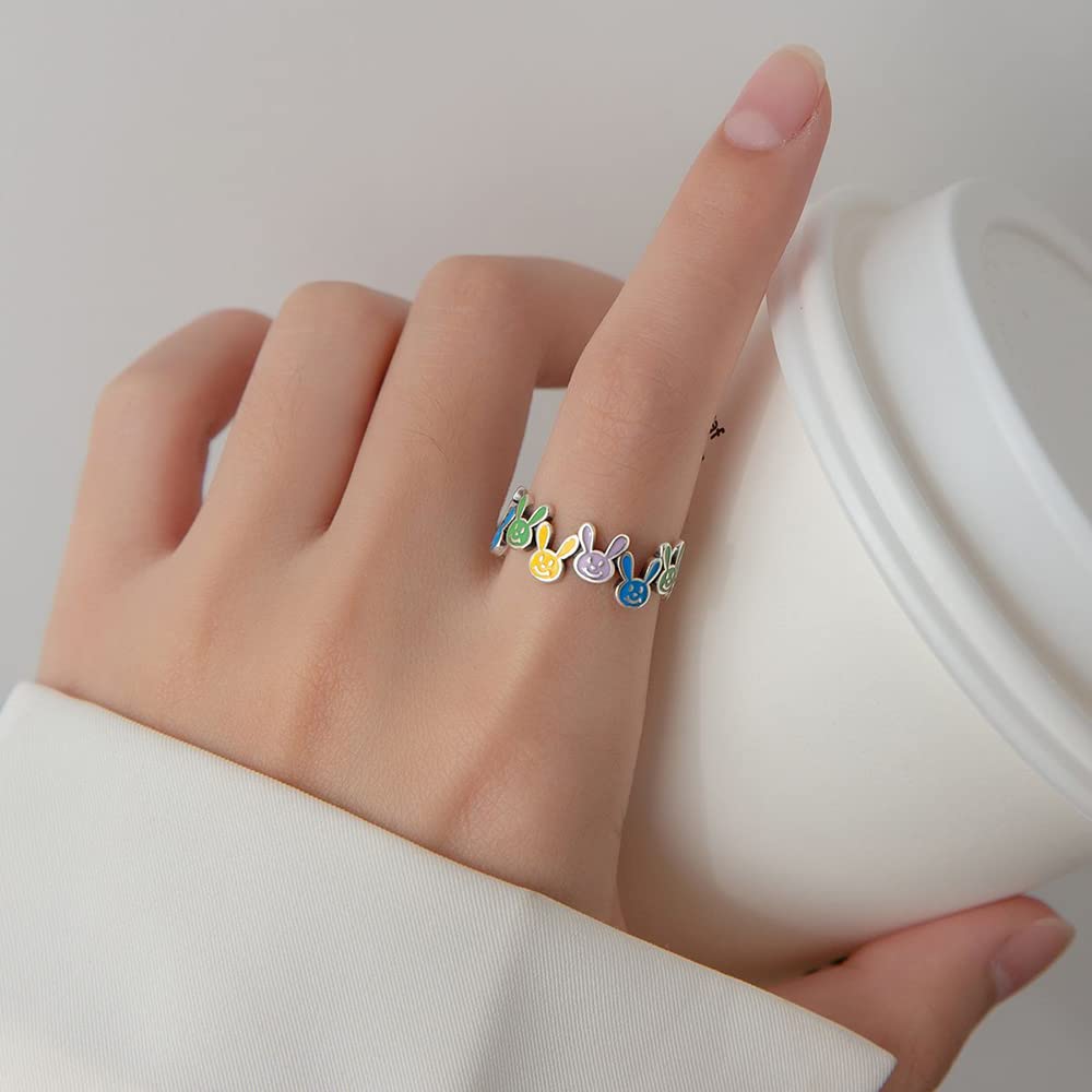 Izpack Cute Rabbit Open Adjustable Ring Colorful Enamel Bunny Stacking Statement Finger Band Love Endless Promise Rings Lovely Easter Jewelry Gifts for Women Teen Girls Birthday