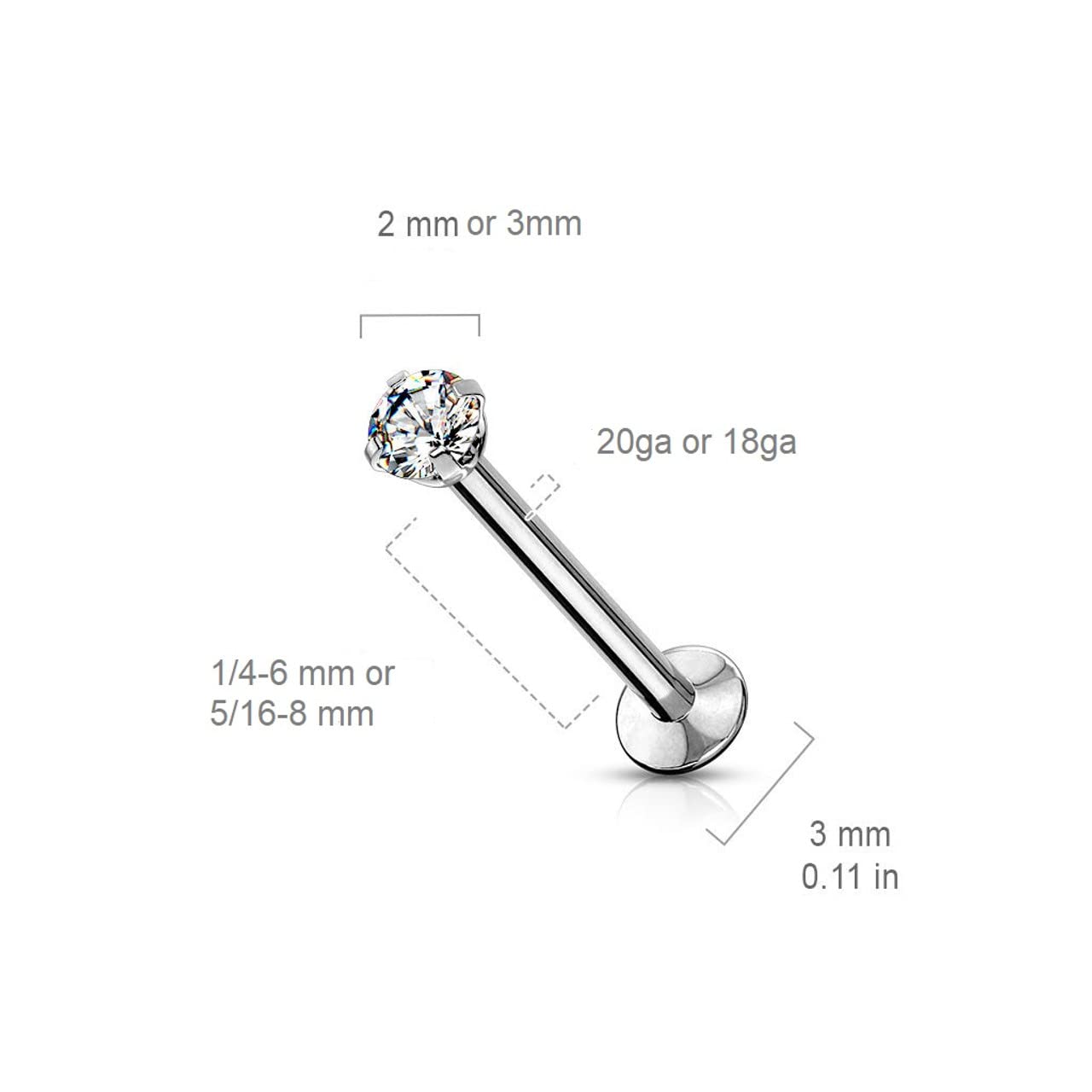 20G Push In Labret Monroe Surgical Steel Black Labret Studs with 2mm CZ Prong Set Press Fit Threadless Top and Flat Back 1/4-6mm