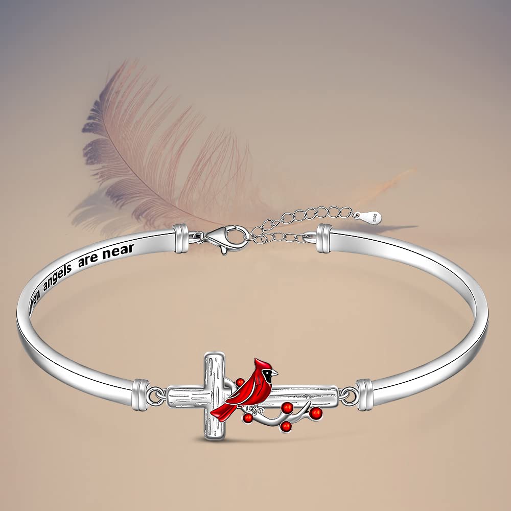 Red Cardinal Bracelet for Women Sterling Silver Cross Cardinal Appear When Angels are Near Memorial Sympathy Cardinal Bangle Jewelry Charms Mothers Day Gifts