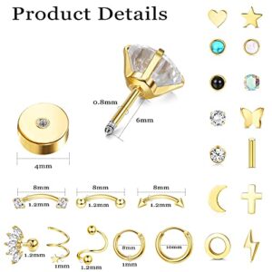 Drperfect Stainless Steel Stud Earrings for Women Men CZ Butterfly Heart Cross Opal Star Moon Lightning Bolt Flat Back Earrings Cartilage Earrings Stud Hoop Set Helix Tragus Conch Rook Daith Earrings