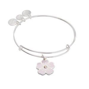 Alex and Ani Pink Pansy and Crystal Charm Bangle Bracelet, Shiny Silver Finish, 2 to 3.5 in