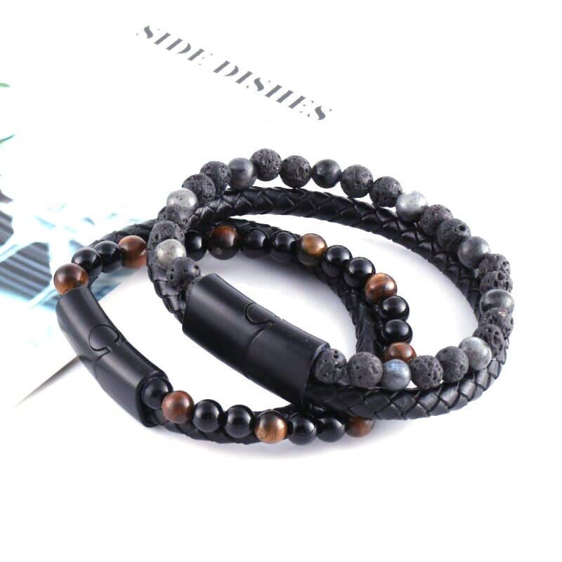 Krisuary Humanic+ Trio MAXHematie Beaded Bracelets, Humanic+ MAXHematie Beaded Bracelets, Natural Agate Stone Leather Beaded Bracelet, Slimming Weight Loss Anti-Fatigue Healing Bracelet (4-D)