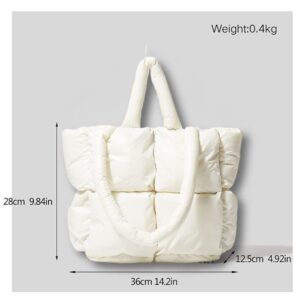 Puffer Tote Bag, Trendy Luxury Chic Quilted Large Padded Designer Handbags for Women Cotton Winter Soft Shoulder Bag for Women (White)