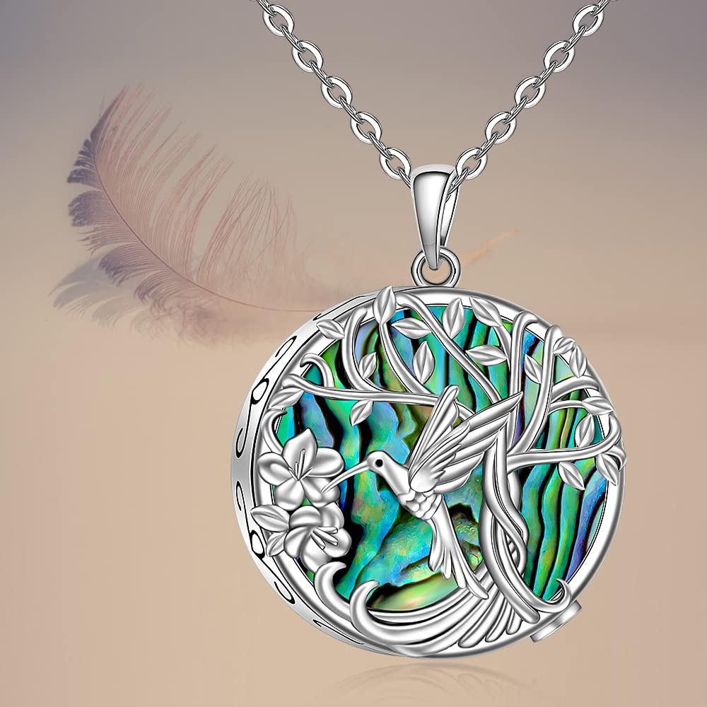 Hummingbird Necklace Hummingbird Urn Necklace for Ashes for Women Abalone Tree of Life Cremation Pendant Sterling Silver Memorial Keepsake Jewelry Mothers Day Gifts