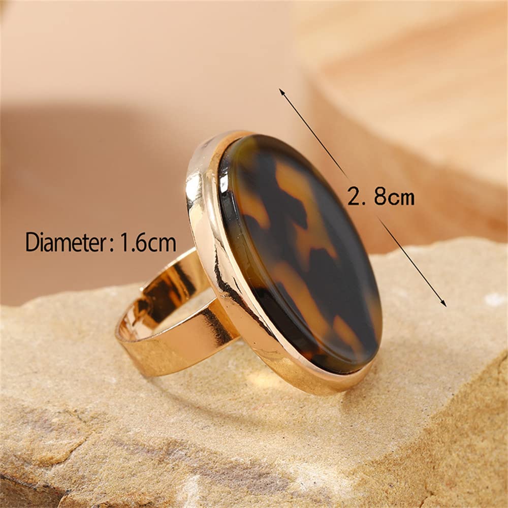 Dtja Round Tortoise Shell Statement Ring for Women Fashion Adjustable Acrylic Leopard Textured Big Band Finger Rings Comfort Fit Gold Plated Retro Birthday Holiday Y2K Party Jewelry