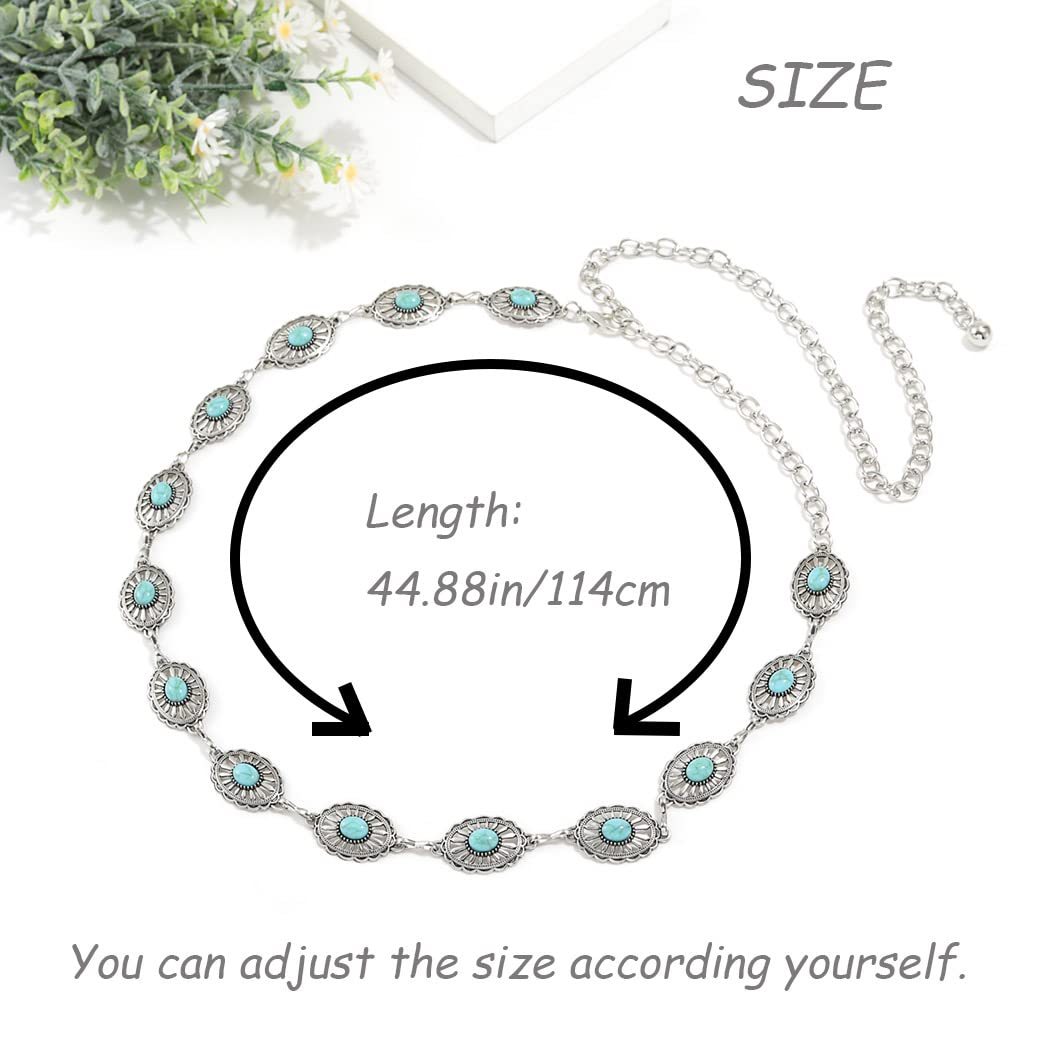 Urieo Boho Turquoise Waist Chain Belt Adjustable Silver Belly Chains Metal Party Dress Chain Belts Body Jewelry for Women