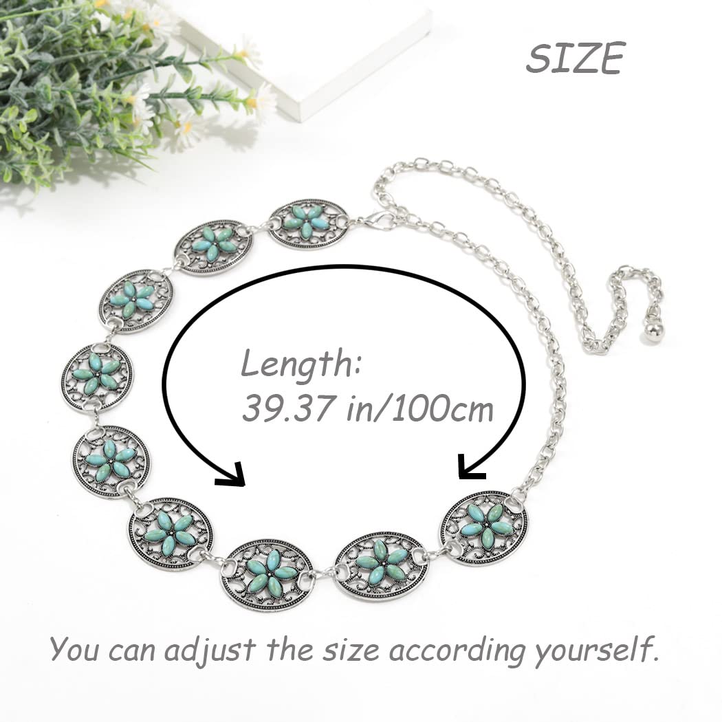 Urieo Boho Turquoise Waist Chain Belt Adjustable Silver Belly Chains Metal Party Dress Chain Belts Body Jewelry for Women