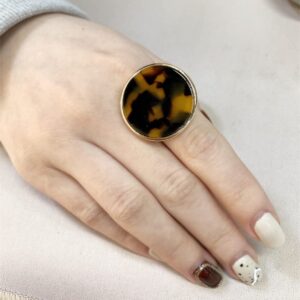 Dtja Round Tortoise Shell Statement Ring for Women Fashion Adjustable Acrylic Leopard Textured Big Band Finger Rings Comfort Fit Gold Plated Retro Birthday Holiday Y2K Party Jewelry