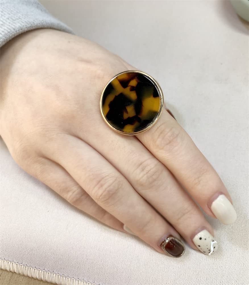 Dtja Round Tortoise Shell Statement Ring for Women Fashion Adjustable Acrylic Leopard Textured Big Band Finger Rings Comfort Fit Gold Plated Retro Birthday Holiday Y2K Party Jewelry