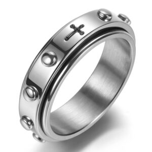 Adreamz 6mm Spinner Rosary Ring for Anxiety Relief Fidget Spinner Ring with Anti-worry Beads Cross Wedding Bands for Men Women 8