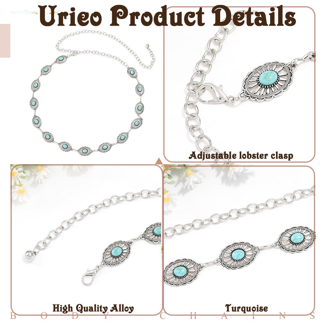 Urieo Boho Turquoise Waist Chain Belt Adjustable Silver Belly Chains Metal Party Dress Chain Belts Body Jewelry for Women