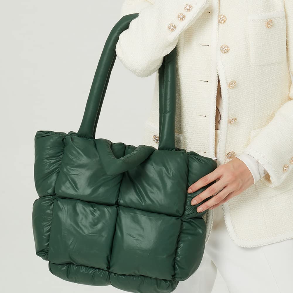 Puffer Tote Bag, Trendy Luxury Chic Quilted Large Padded Designer Handbags for Women Cotton Winter Soft Shoulder Bag for Women (White)