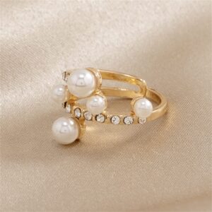 Shell Pearls CZ Wedding Statement Ring for Women Gold Plated Layered Rhinestone Mini Imitation Pearls Open Band Finger Rings Comfort Fit Dainty Birthday Valentine Anniversary Jewelry Size 8