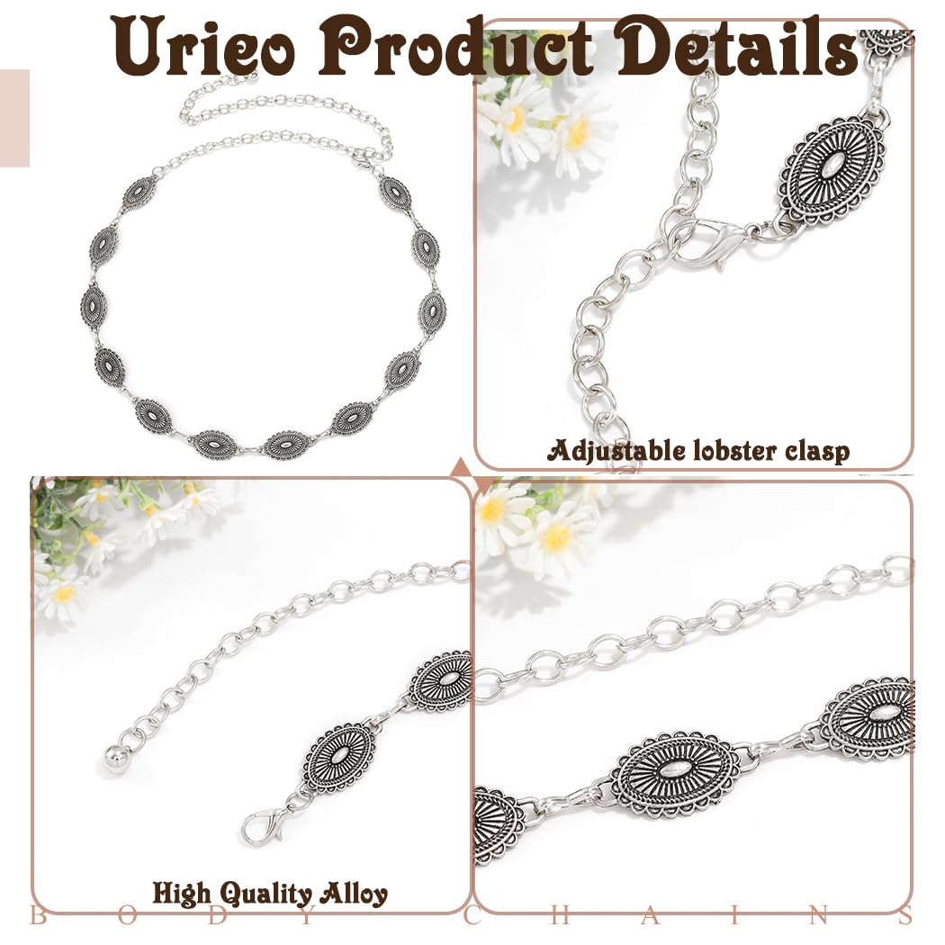 Urieo Boho Turquoise Waist Chain Belt Adjustable Silver Belly Chains Metal Party Dress Chain Belts Body Jewelry for Women