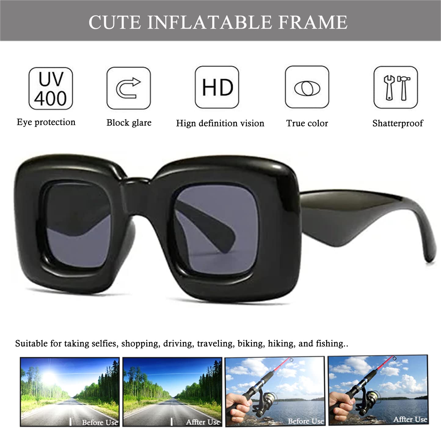 HJSTES Cute Thick Square Sunglasses Women Men Trendy Inflated Hip Hop Frame Y2K Glasses Funny Shades(Black)