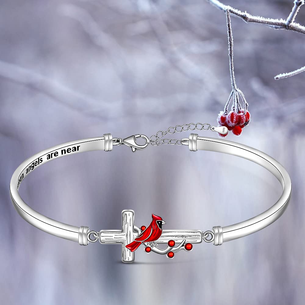 Red Cardinal Bracelet for Women Sterling Silver Cross Cardinal Appear When Angels are Near Memorial Sympathy Cardinal Bangle Jewelry Charms Mothers Day Gifts