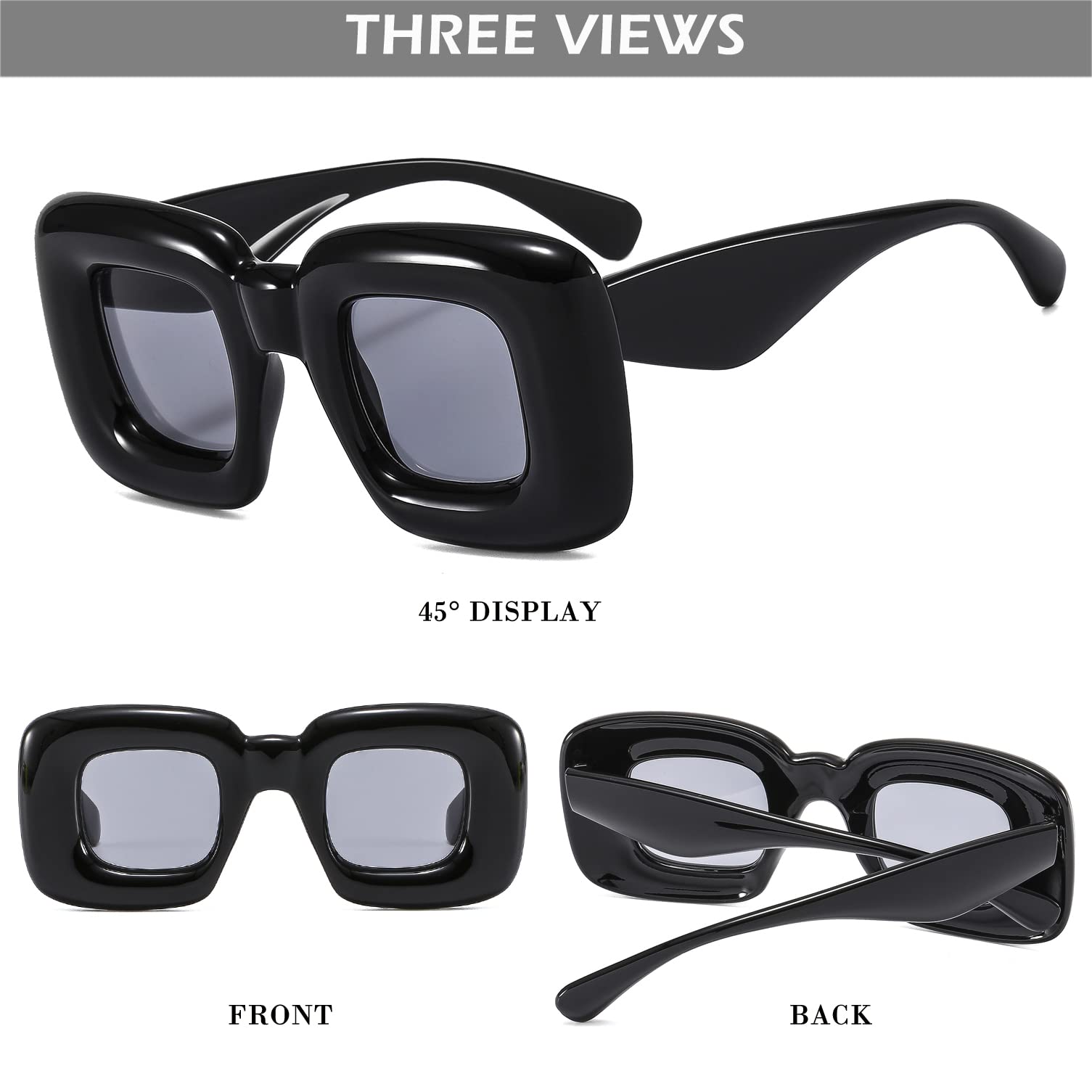 HJSTES Cute Thick Square Sunglasses Women Men Trendy Inflated Hip Hop Frame Y2K Glasses Funny Shades(Black)