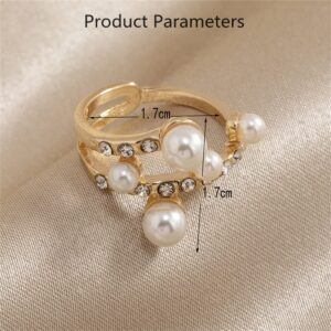 Shell Pearls CZ Wedding Statement Ring for Women Gold Plated Layered Rhinestone Mini Imitation Pearls Open Band Finger Rings Comfort Fit Dainty Birthday Valentine Anniversary Jewelry Size 8