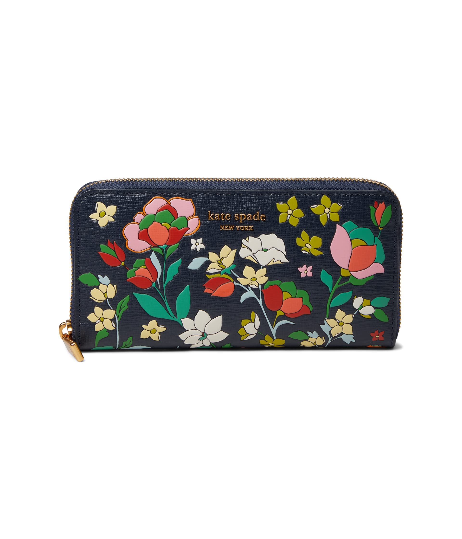 Kate Spade New York Morgan Flower Bed Embossed Saffiano Leather Zip Around Continental Wallet Blazer Blue Multi One Size