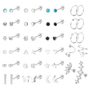 THUNARAZ 20G Stainless Steel Stud Earrings for Women Multipack Cartilage Earrings Star Moon Heart Opal Ball Tiny CZ Flat Back Earrings Hoops Tragus Daith Helix Earrings Piercing Jewelry, Metal, Cubic