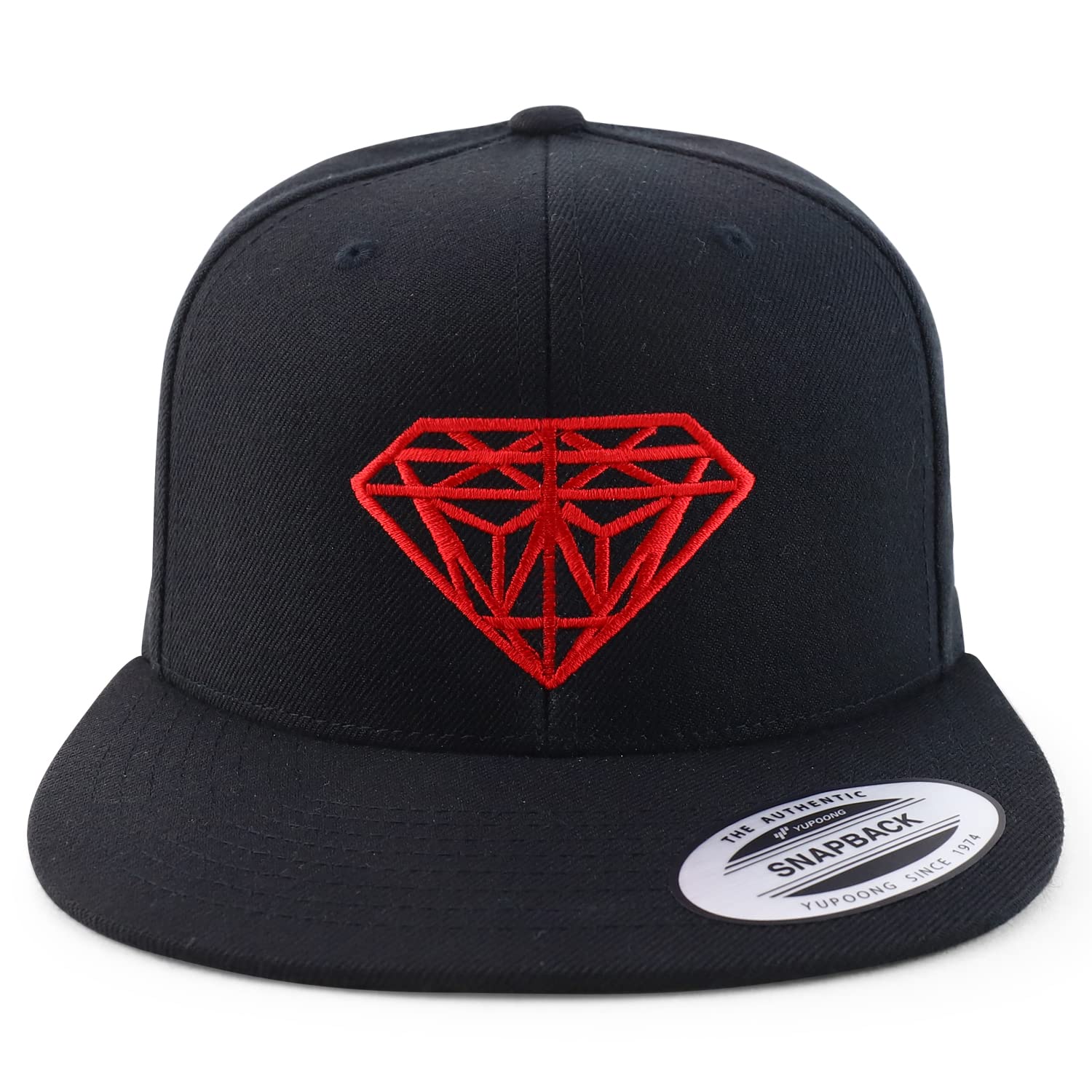 Flexfit Diamond Embroidered Flat Bill Snapback Cap - Black with Red Thread