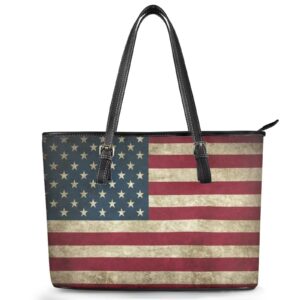 Glomenade Retro American Flag Womens Handbags PU Leather Top-handle Work Purse Large Capacity Zipper Satchel Shoulder Bag