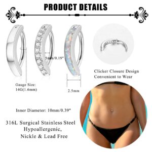 Jstyle 3Pcs 14G Clicker Belly Button Ring for Women Gold 316L Surgical Steel Rings Cute CZ Opal Small Hoop Simple Reverse Navel Body Piercing Jewelry Silver Tone