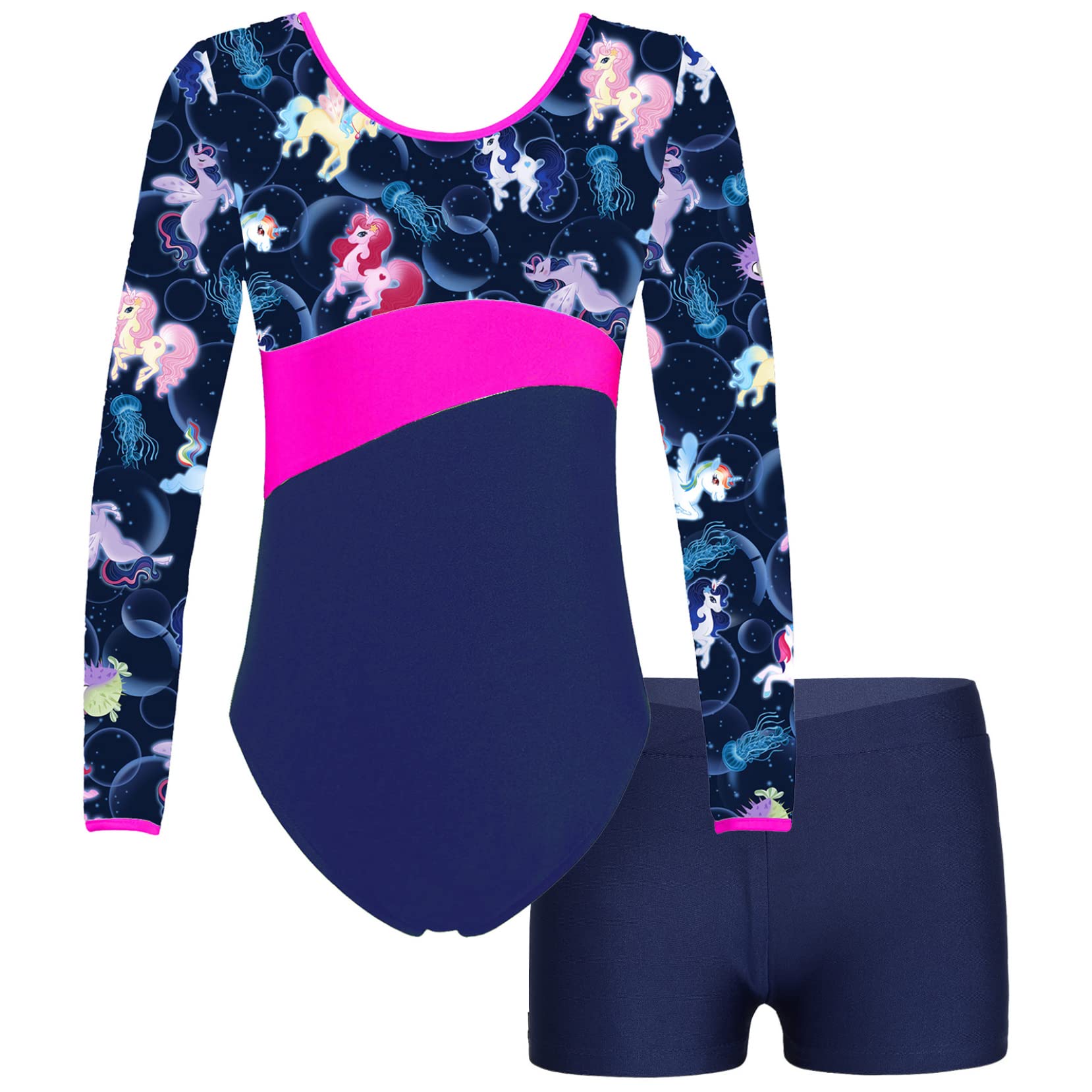 Yartina Gymnastics Leotards for Girls Two-pieces Criss-cross Pattern Design Dancing Athletic Biketard Bubbles Navy 10 Years